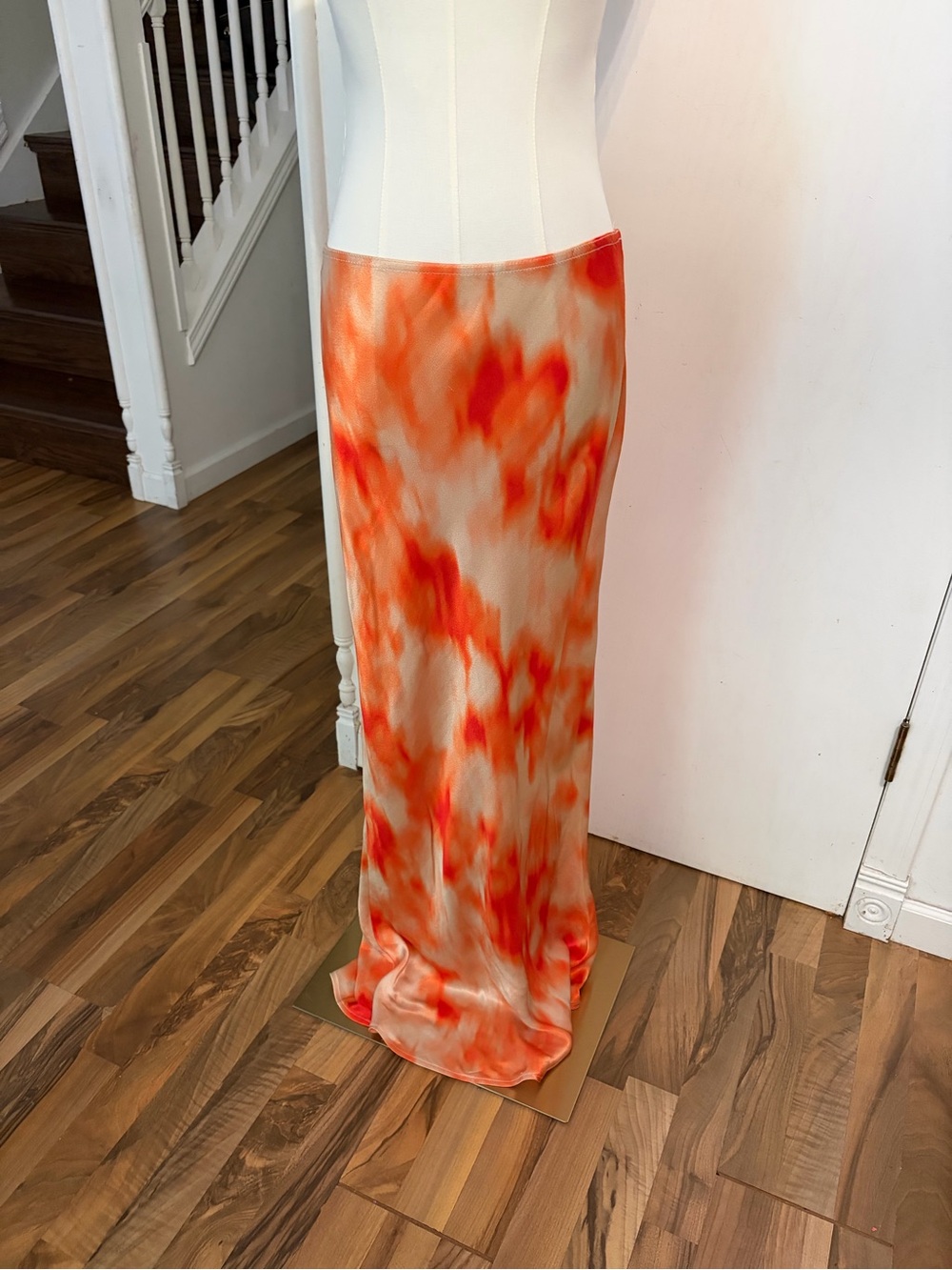 Topshop Cream Orange Boho Watercolor Tie-Dye Satin Maxi Skirt, Size 6, EUC